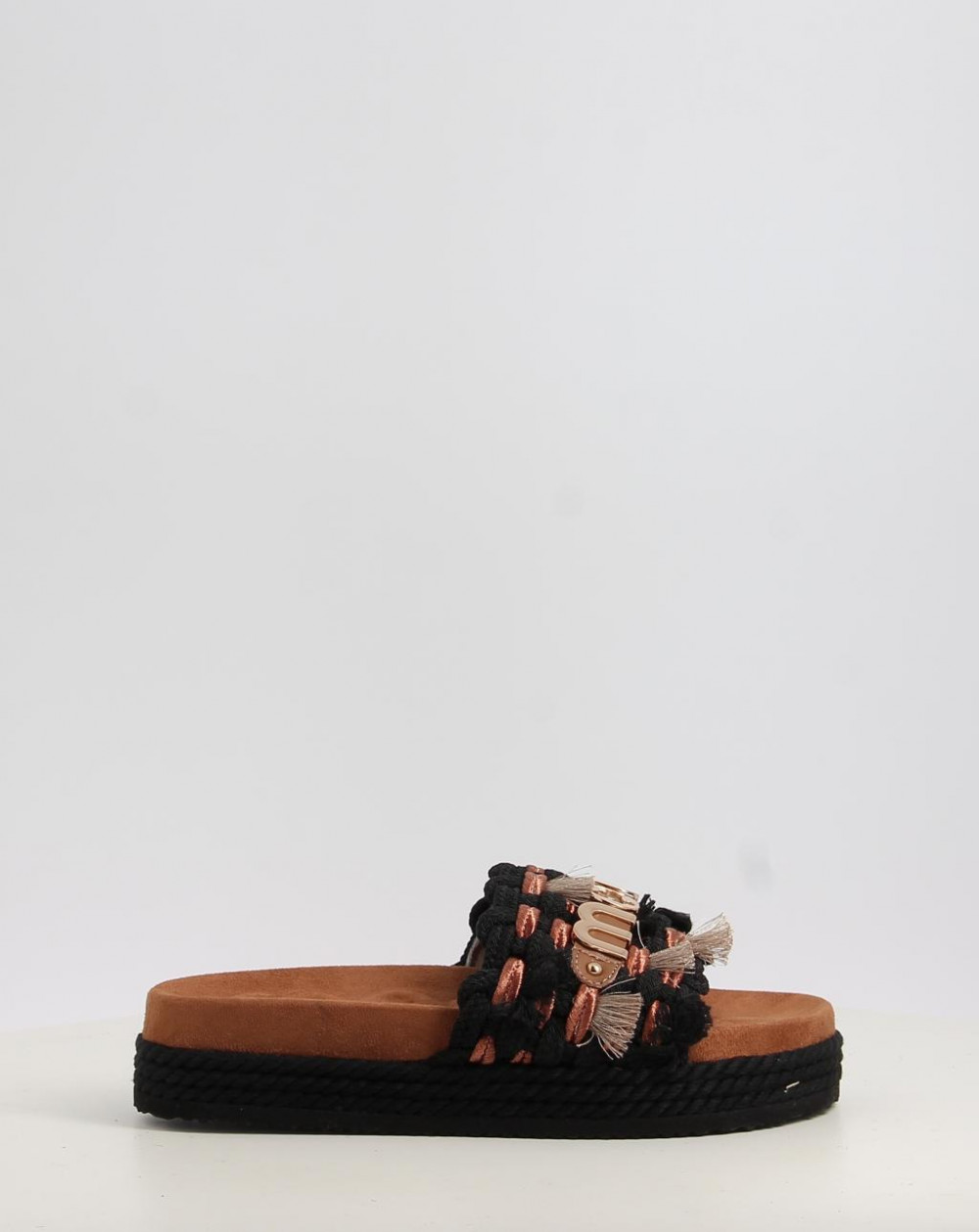 Sandalias Mou MONOBAND ROPE SANDAL FRINGES – BIG LETTER LOGO negro talla 37